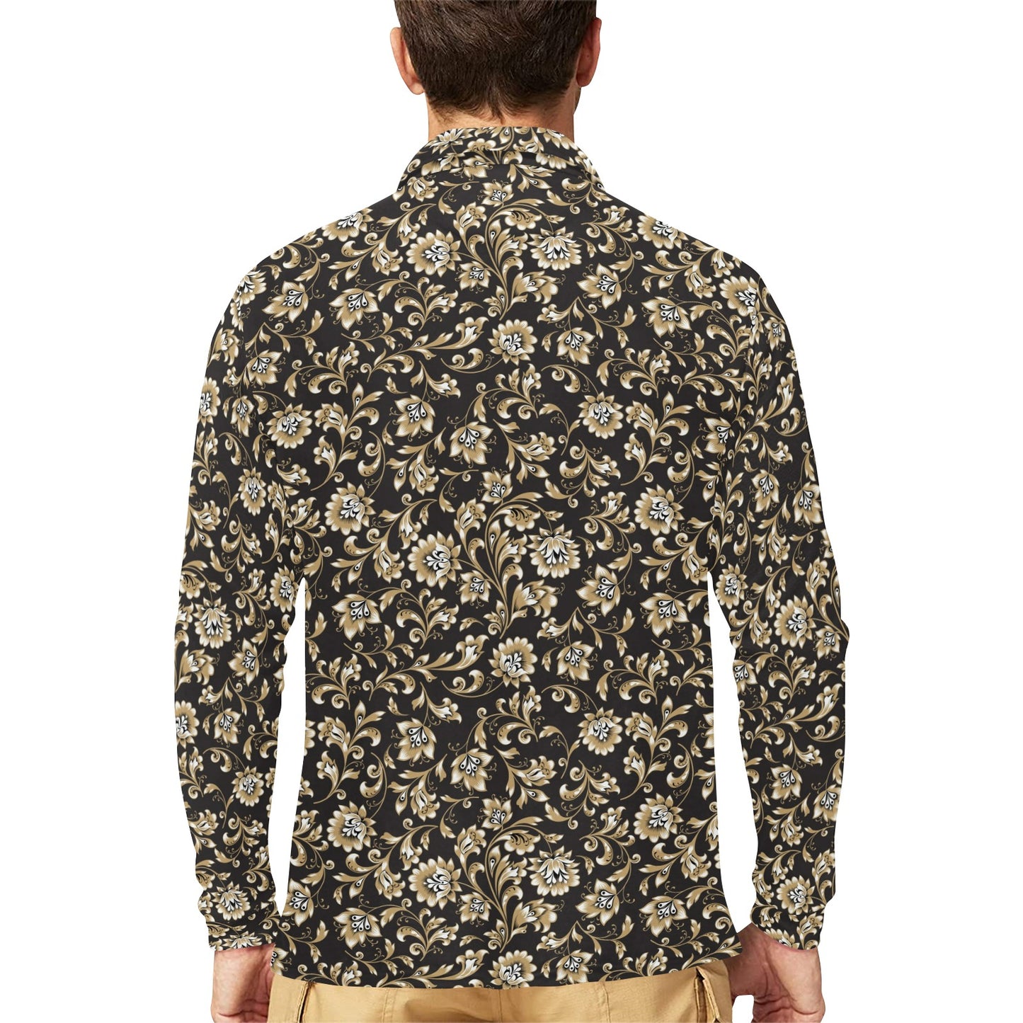 Brocade Pattern Print Design 03 Long Sleeve Polo Shirt For Men's