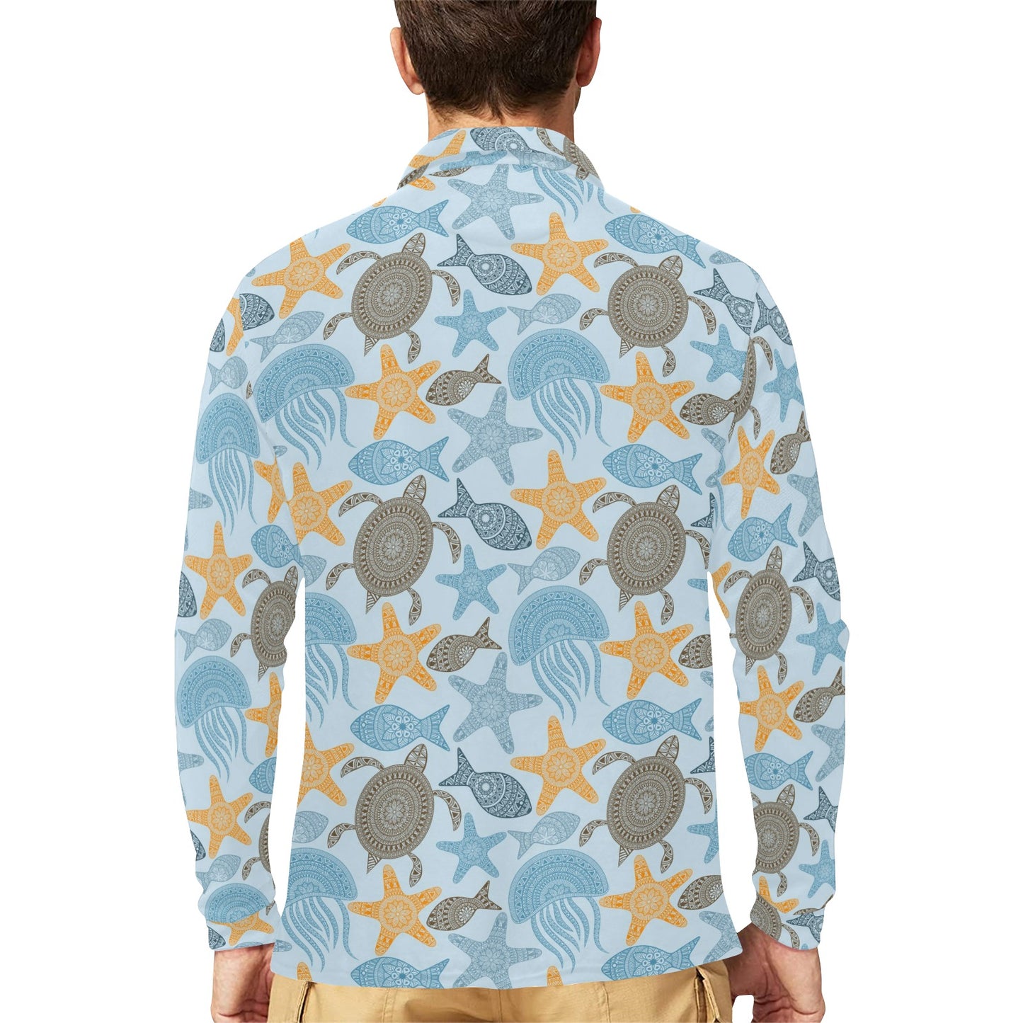 Polynesian Jellyfish Turtle Print Long Sleeve Polo Shirt For Men's