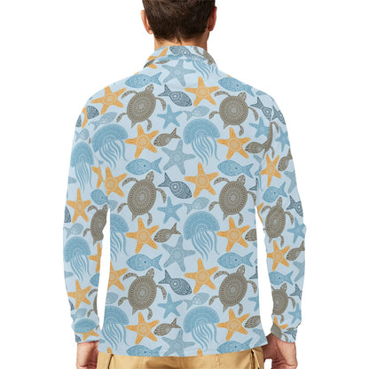 Polynesian Jellyfish Turtle Print Long Sleeve Polo Shirt For Men's
