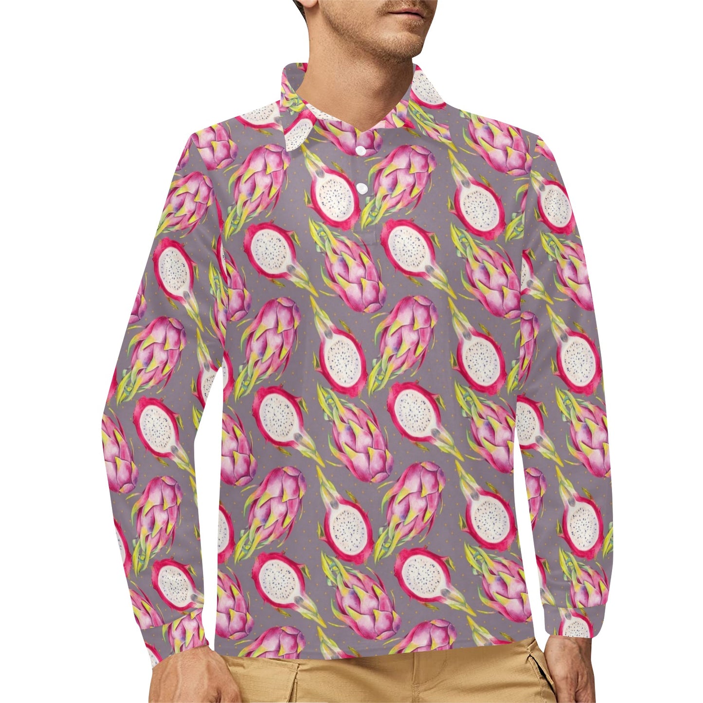 Dragonfruit Pattern Print Design DF03 Long Sleeve Polo Shirt For Men's