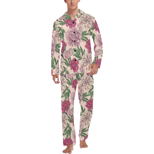 Peony Pattern Print Design A01 Men's Long Pajama Set