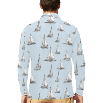 Sailing Ships Pattern Print Design A01 Long Sleeve Polo Shirt For Men's