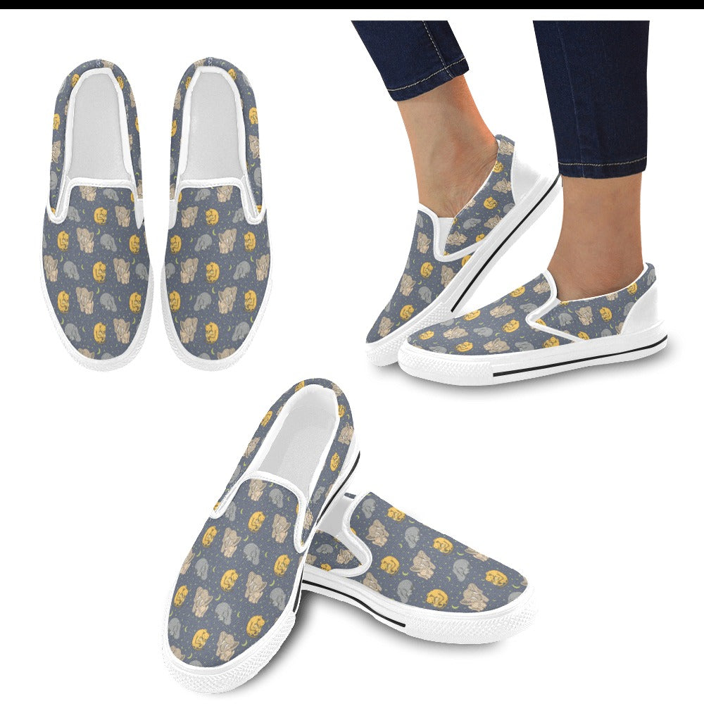 Safari Elephant Lion Print Design LKS303 White Slip Ons Canvas Women's Shoes