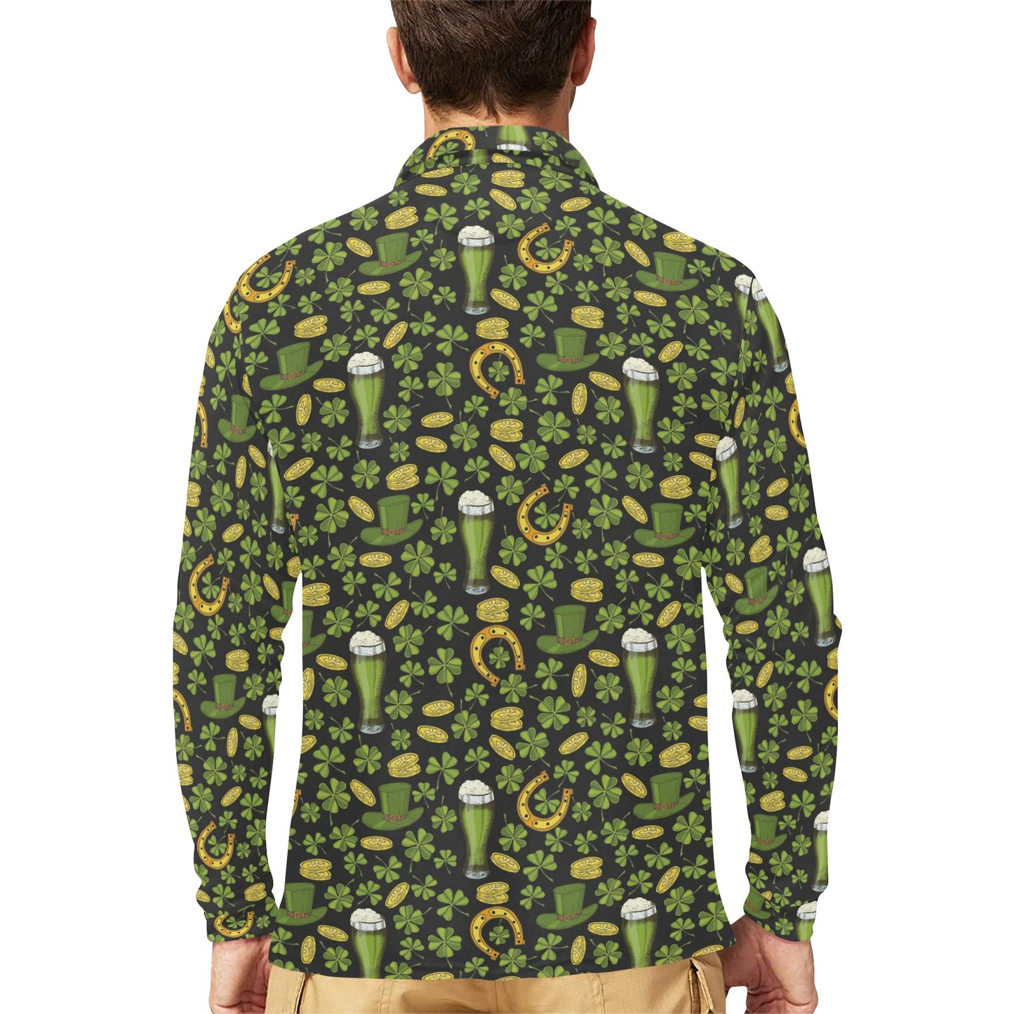 Clover St Patricks Pattern Print Design 03 Long Sleeve Polo Shirt For Men's