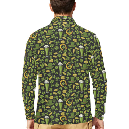 Clover St Patricks Pattern Print Design 03 Long Sleeve Polo Shirt For Men's