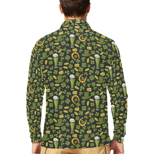 Clover St Patricks Pattern Print Design 03 Long Sleeve Polo Shirt For Men's