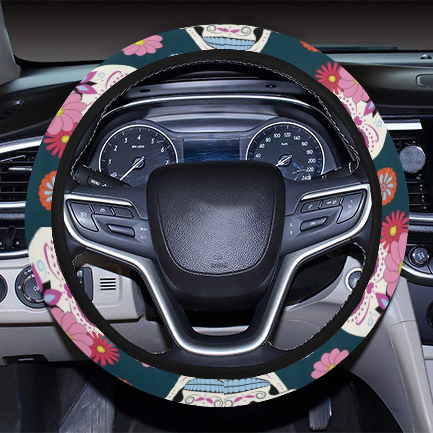 Sugar Skull Print Design LKS308 Steering Wheel Cover with Elastic Edge