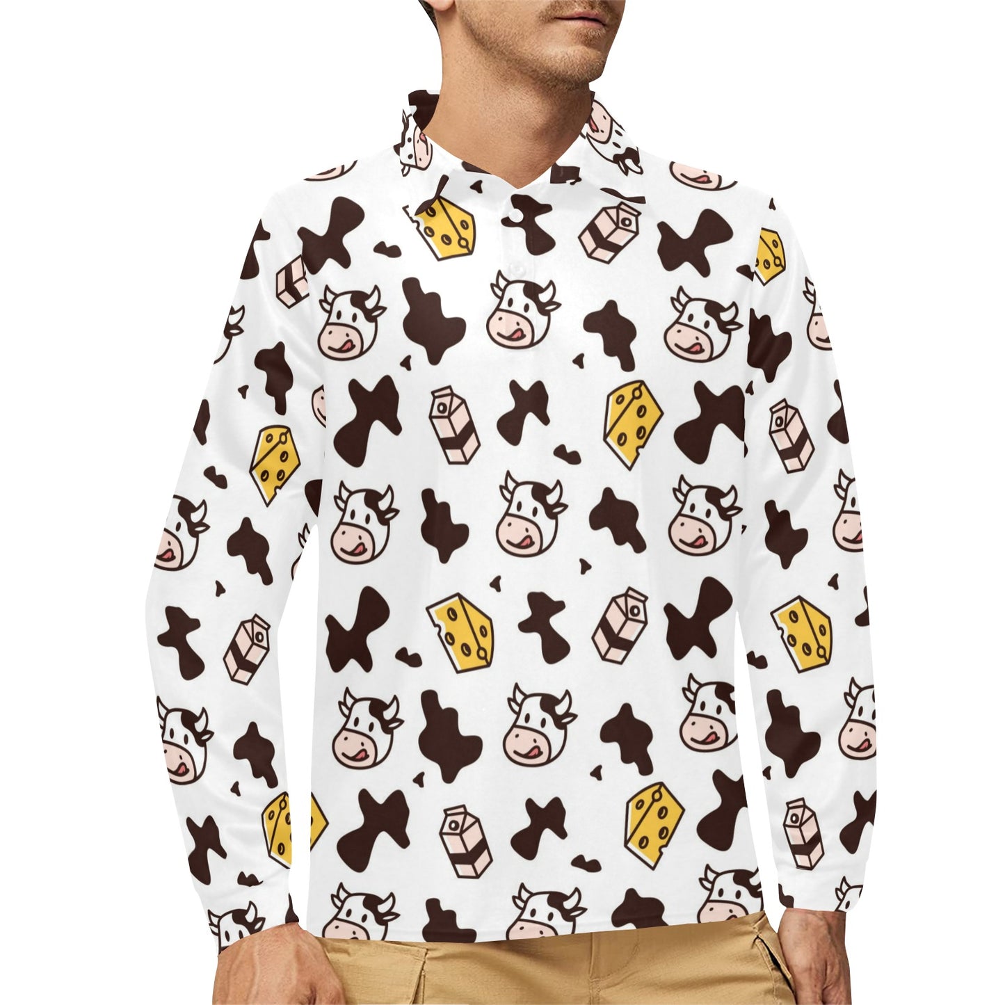 Cow Pattern Print Design 06 Long Sleeve Polo Shirt For Men's