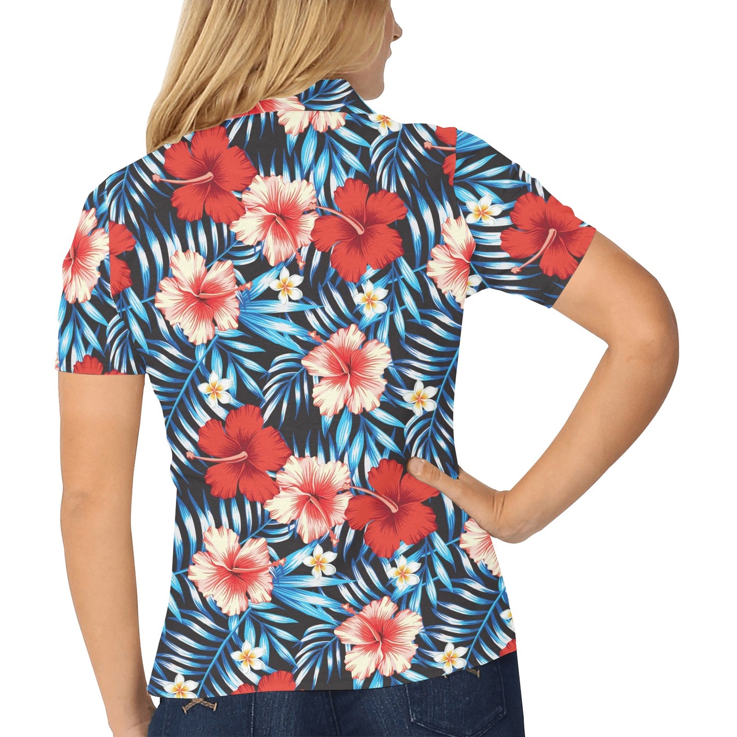 Red Hibiscus Blue Scene Women's Polo Shirt