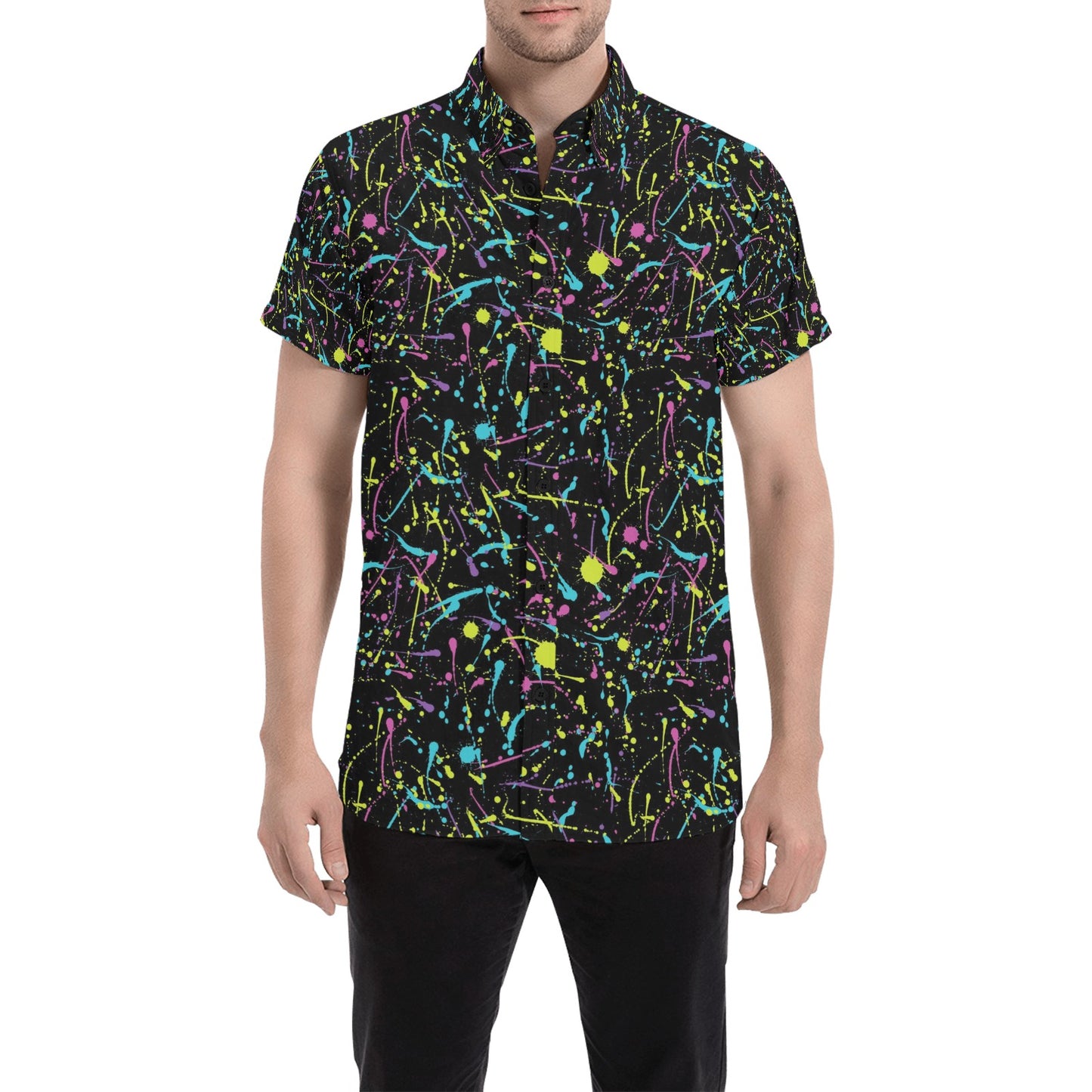 Splatter Multicolor Print Design LKS302 Men Short Sleeve Button Up Shirt
