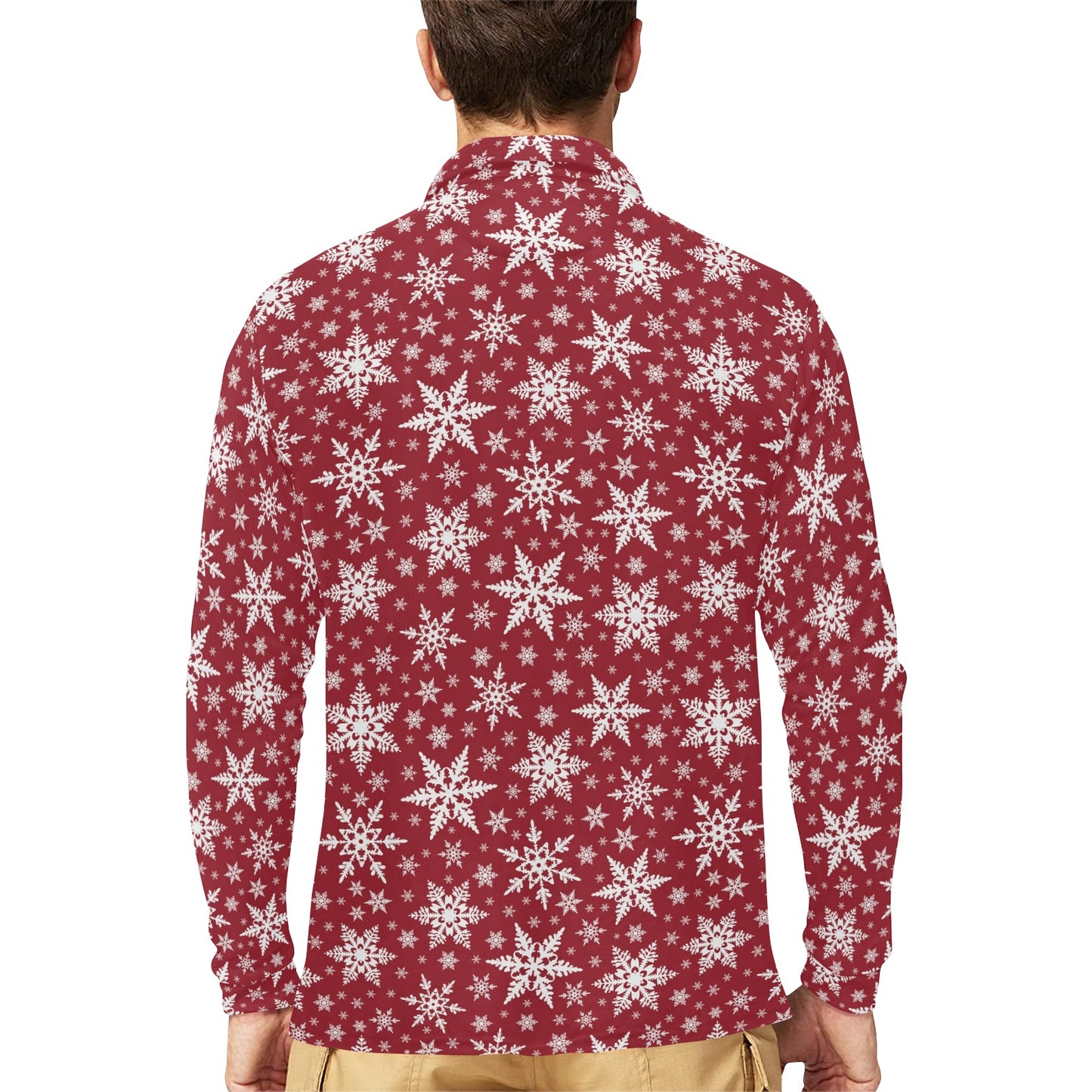 Snowflake Red Print Design LKS302 Long Sleeve Polo Shirt For Men's