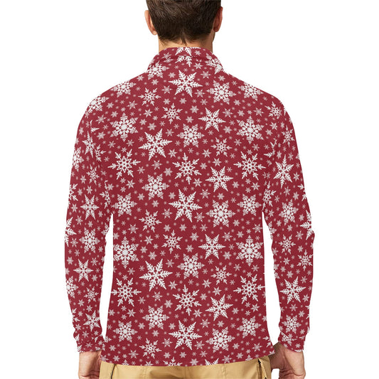 Snowflake Red Print Design LKS302 Long Sleeve Polo Shirt For Men's