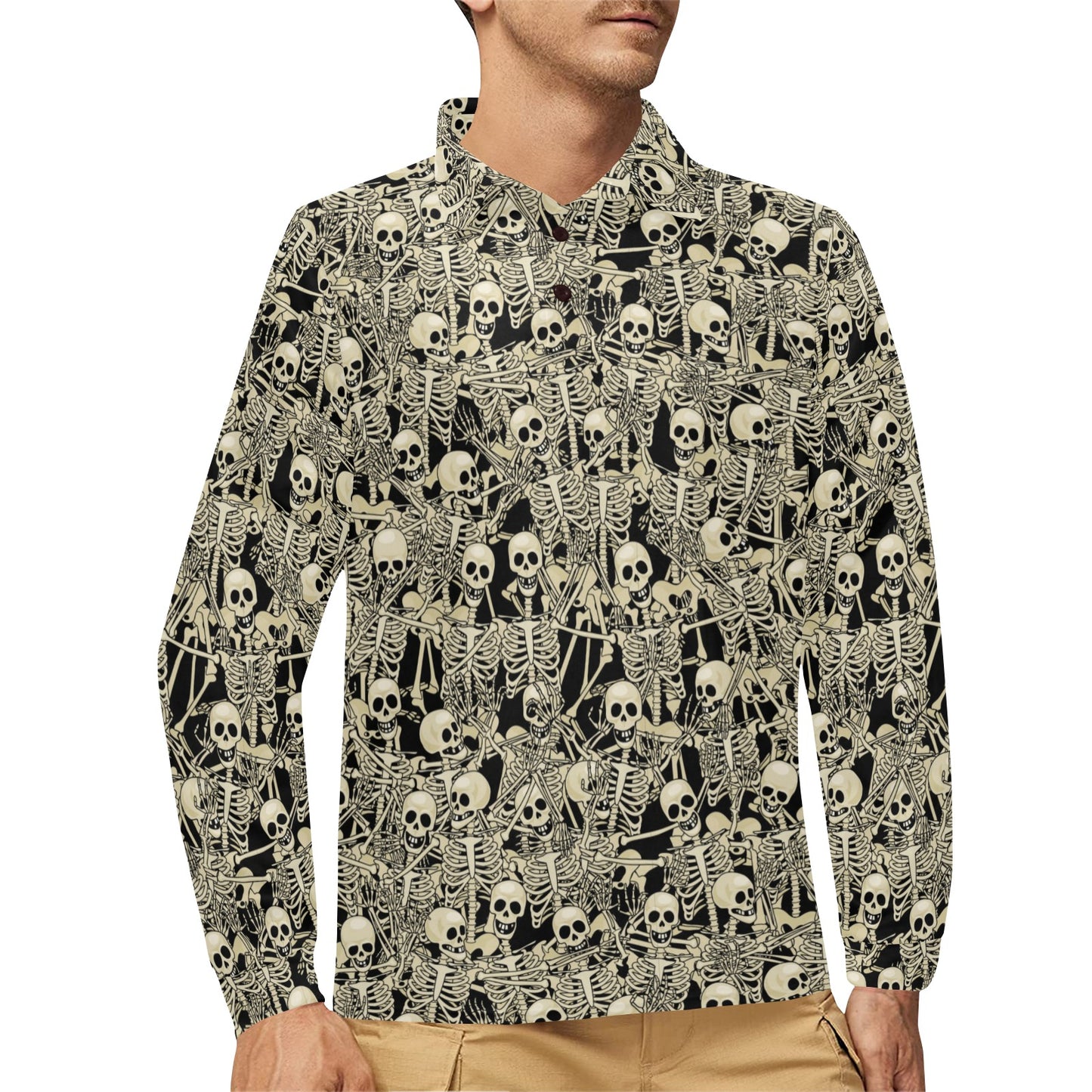 Skeleton Design Print Long Sleeve Polo Shirt For Men's