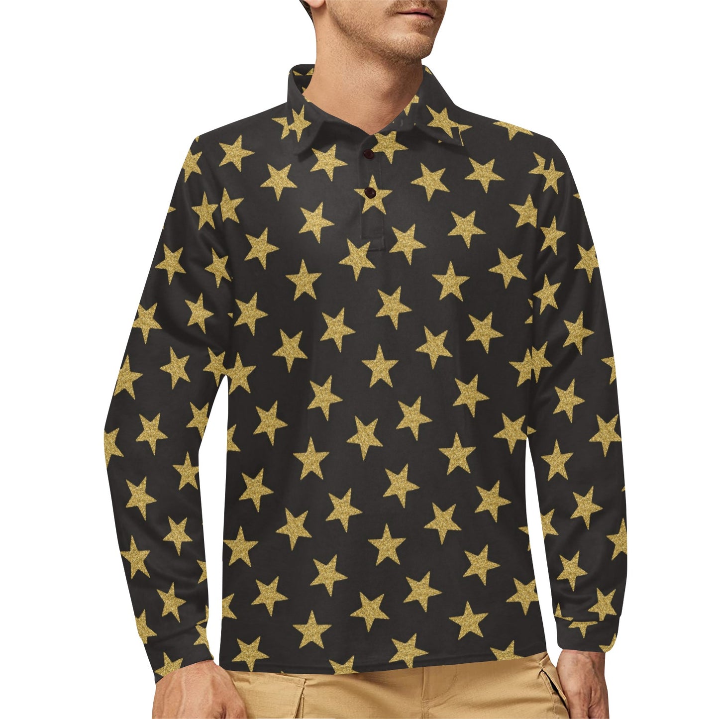 Star Gold Print Design LKS302 Long Sleeve Polo Shirt For Men's