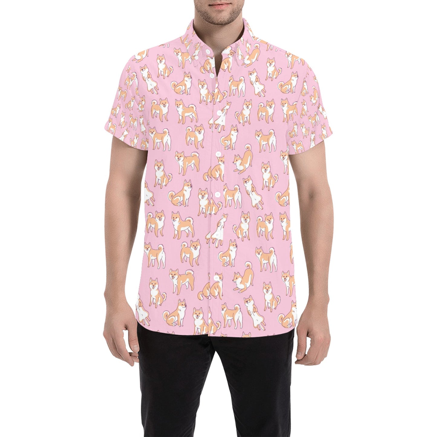 Shiba Inu Print Design LKS303 Men Short Sleeve Button Up Shirt