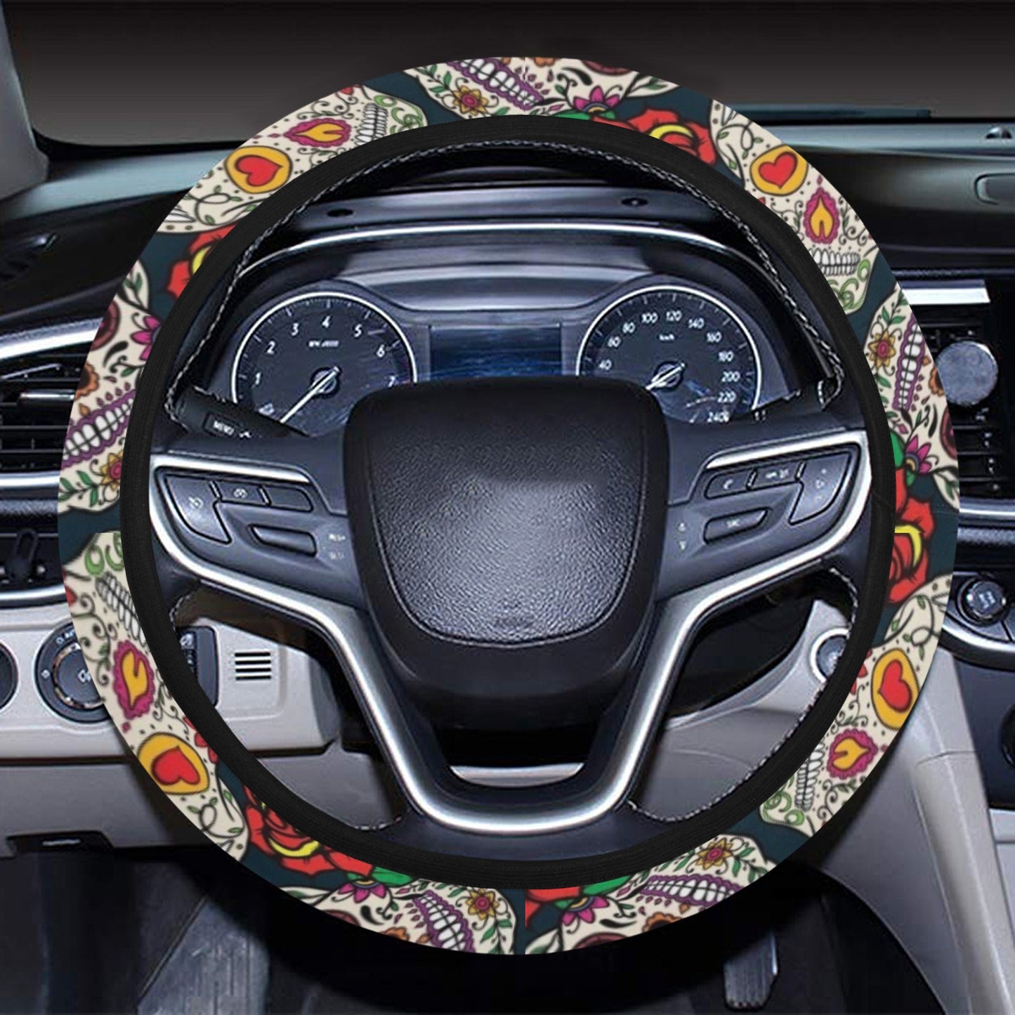 Sugar Skull Print Design LKS306 Steering Wheel Cover with Elastic Edge