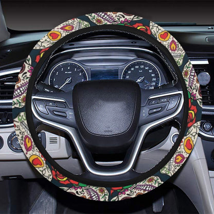 Sugar Skull Print Design LKS306 Steering Wheel Cover with Elastic Edge