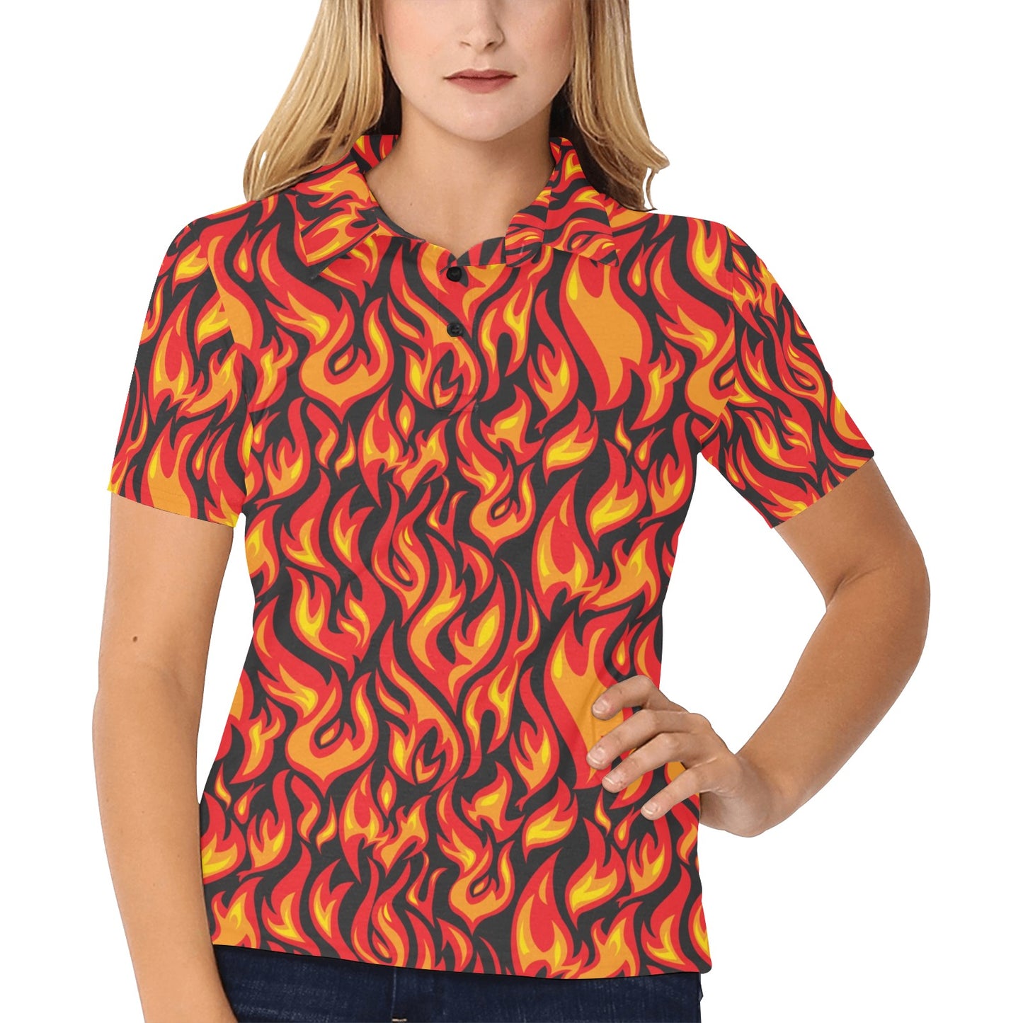 Flame Fire Print Pattern Women's Polo Shirt