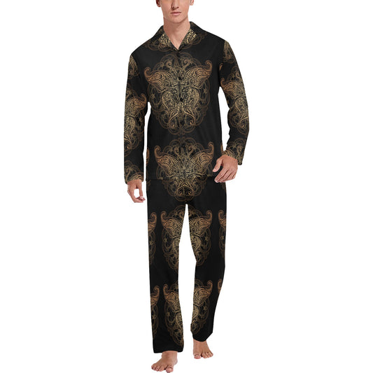 Gold Butterfly Ornamental Men's Long Pajama Set