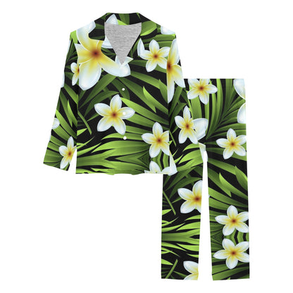 White Plumeria Pattern Print Design PM06 Women's Long Pajama Set