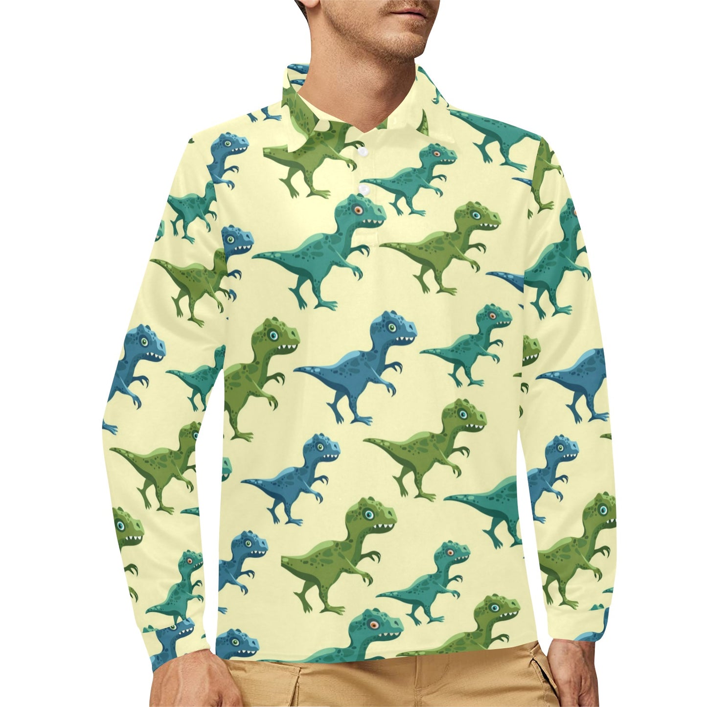 T Rex Pattern Print Design A04 Long Sleeve Polo Shirt For Men's