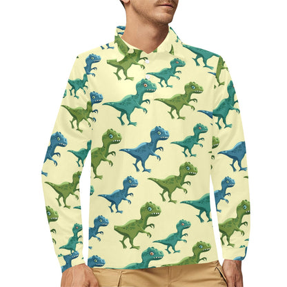 T Rex Pattern Print Design A04 Long Sleeve Polo Shirt For Men's