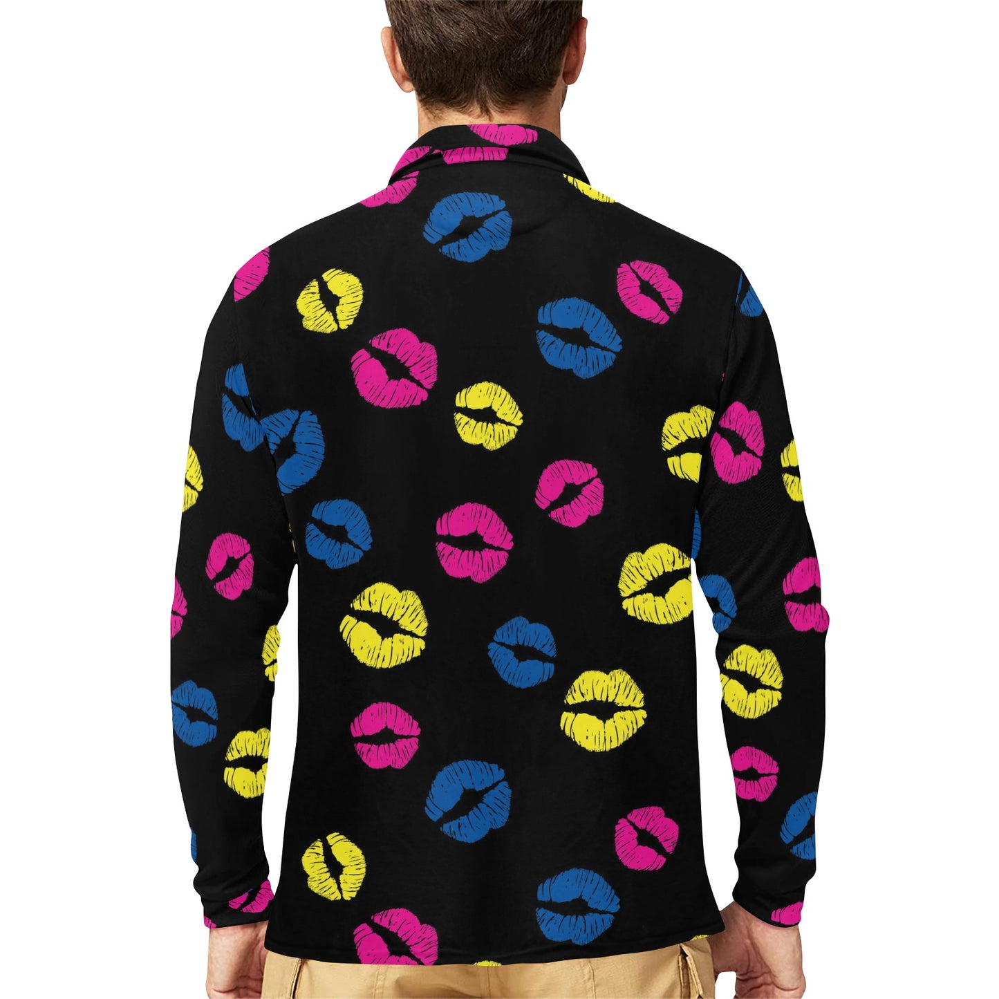 Lip Neon Color Pattern Print Design 01 Long Sleeve Polo Shirt For Men's