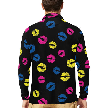 Lip Neon Color Pattern Print Design 01 Long Sleeve Polo Shirt For Men's
