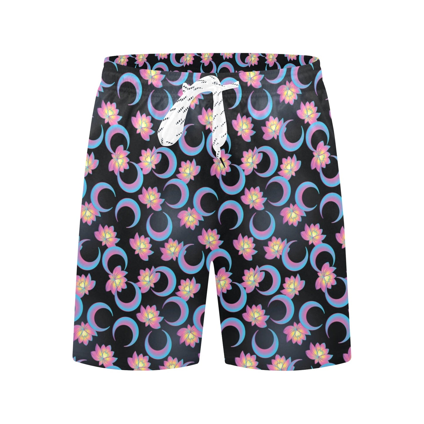 Lotus with Moon Pink Print Themed Men's Swim Trunks Beach Shorts