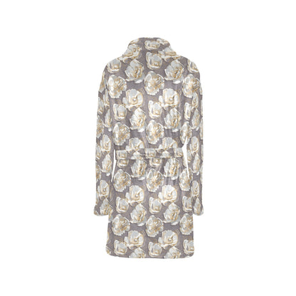 Elegant Grey Flower Print Women's Fleece Robe
