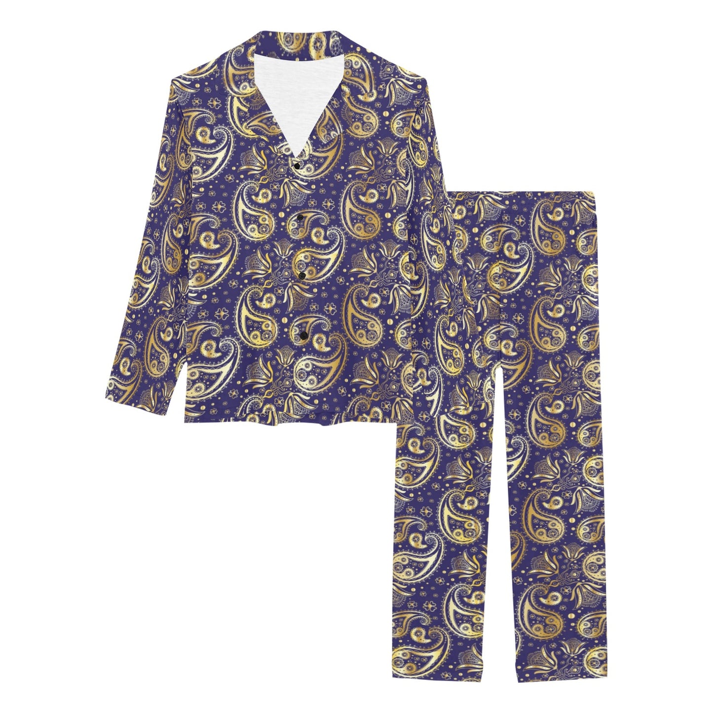 Paisley Blue Yellow Design Print Women's Long Pajama Set
