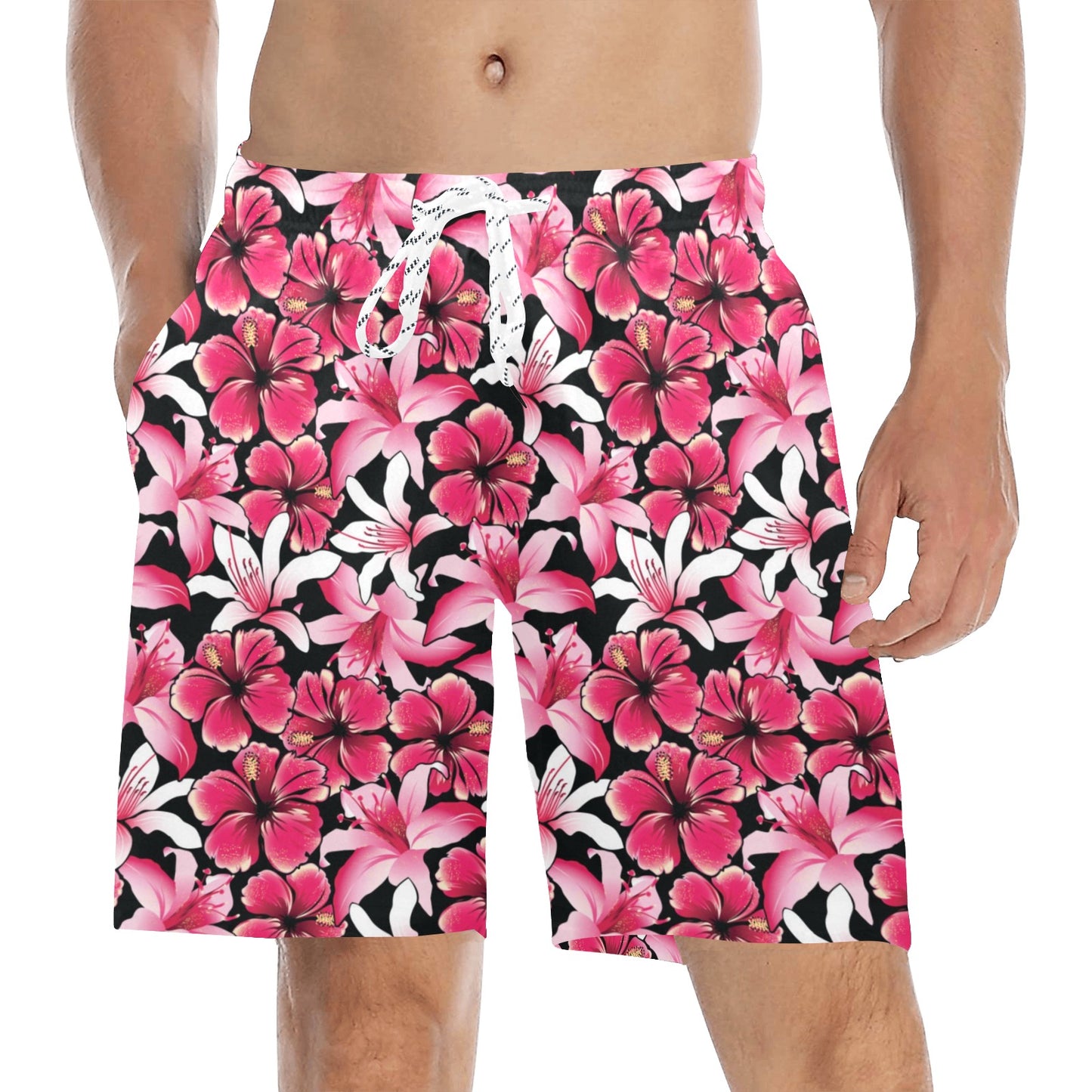 Flower Hawaiian Pink Red Hibiscus Print Men's Swim Trunks Beach Shorts