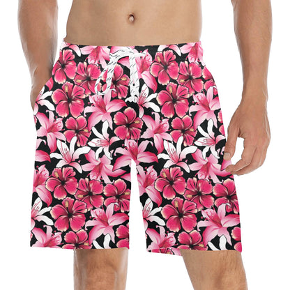 Flower Hawaiian Pink Red Hibiscus Print Men's Swim Trunks Beach Shorts