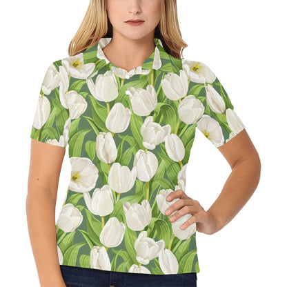 Tulip White Pattern Print Design TP05 Women's Polo Shirt