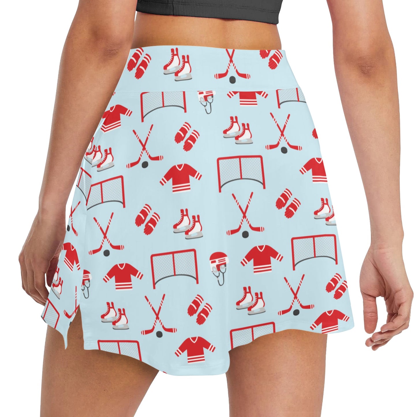 Hockey Red Equipment Print Design LKS305 17" Golf & Pickleball Skort with Pockets