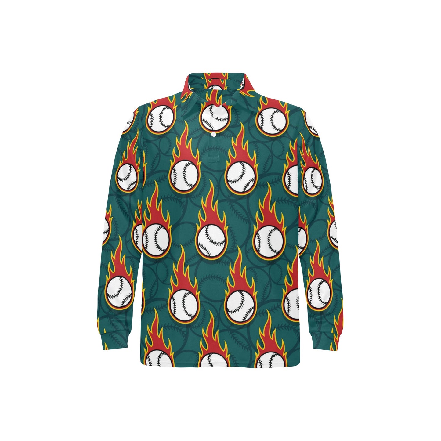 Baseball Fire Print Pattern Long Sleeve Polo Shirt For Men's