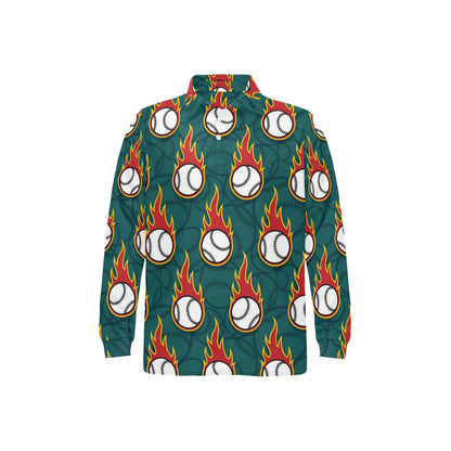 Baseball Fire Print Pattern Long Sleeve Polo Shirt For Men's