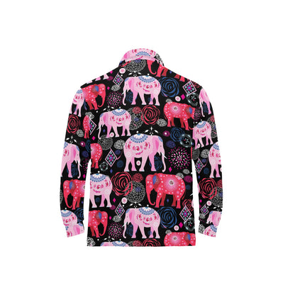 Pink Elephant Pattern Long Sleeve Polo Shirt For Men's
