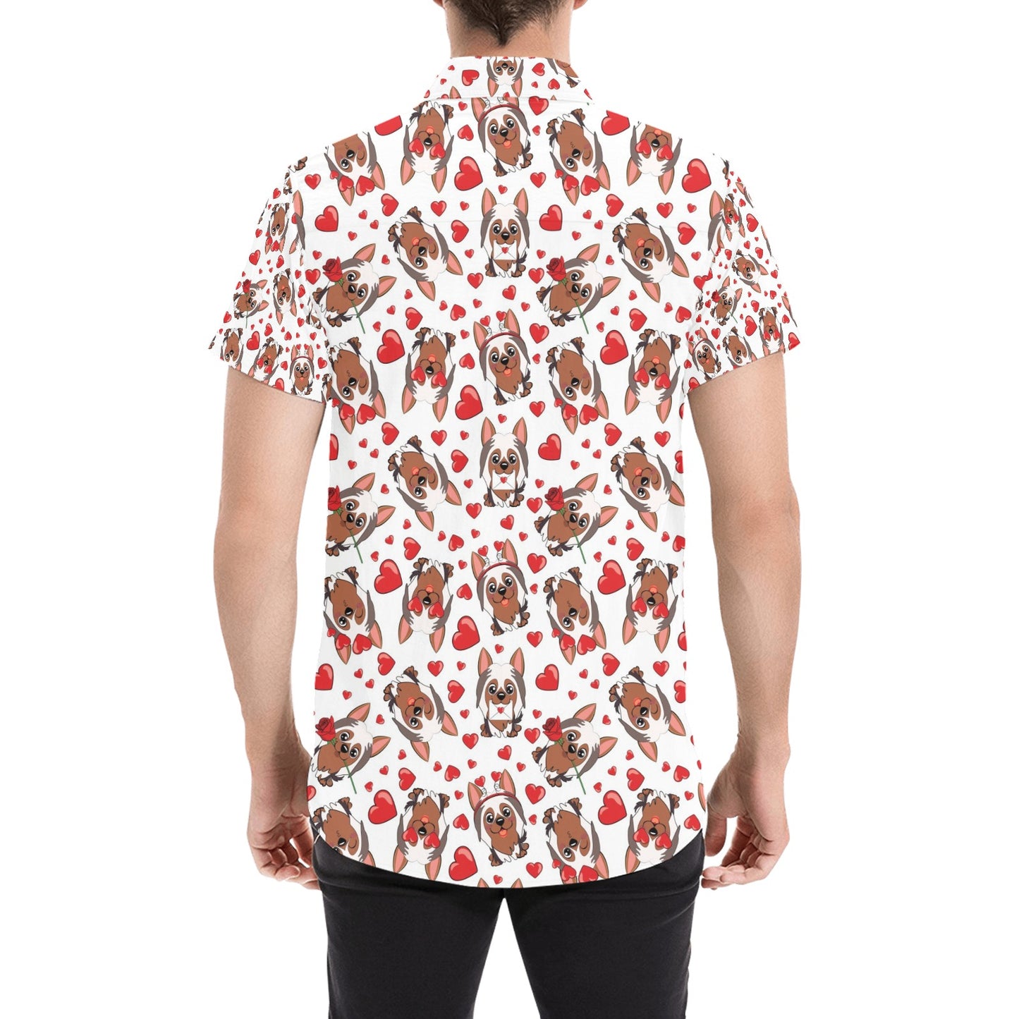 Silky Terriers Heart Print Design LKS302 Men Short Sleeve Button Up Shirt
