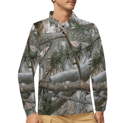 Camo Realistic Tree Forest Pattern Long Sleeve Polo Shirt For Men's
