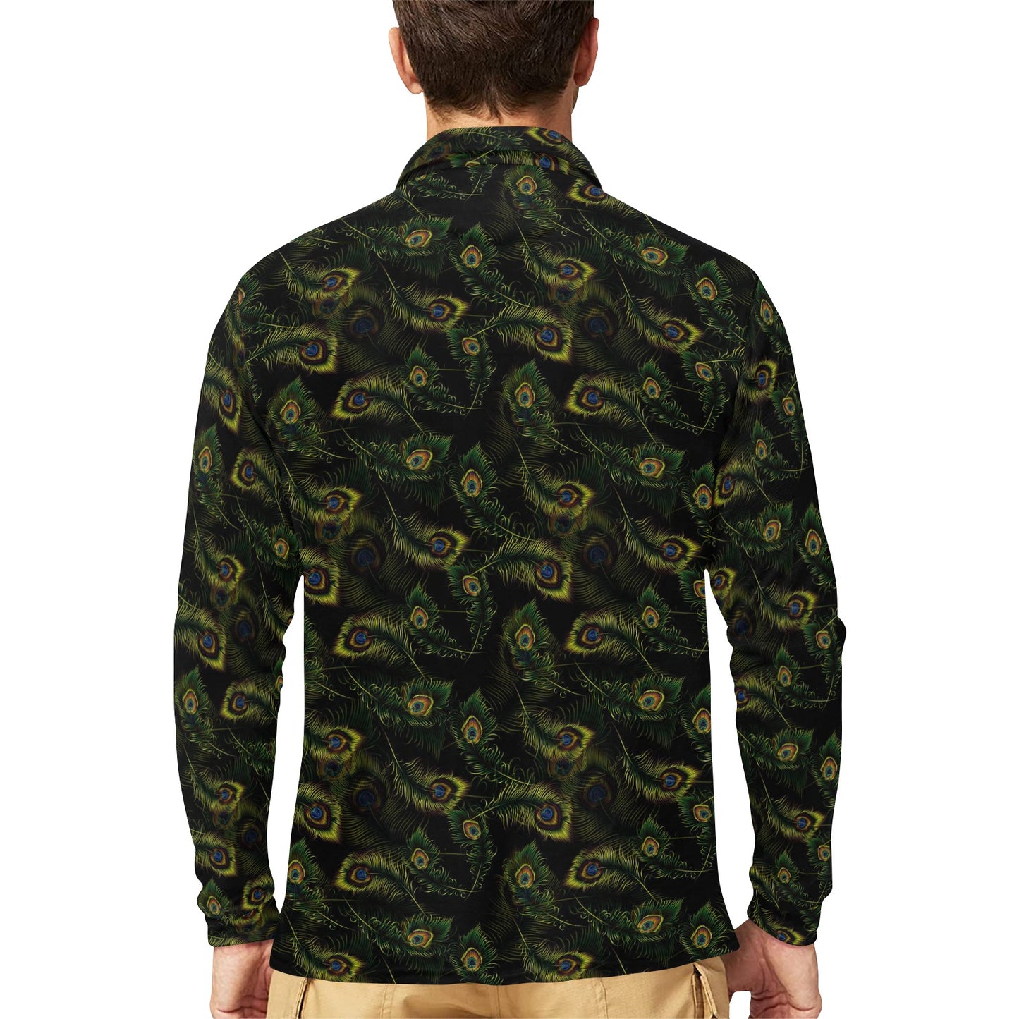 Peacock Feather Pattern Design Print Long Sleeve Polo Shirt For Men's