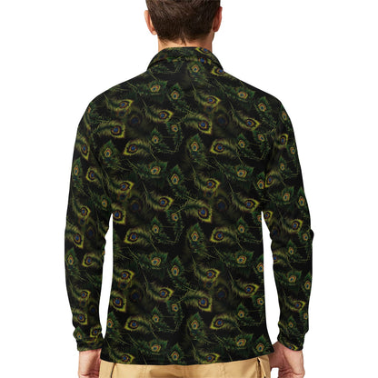 Peacock Feather Pattern Design Print Long Sleeve Polo Shirt For Men's