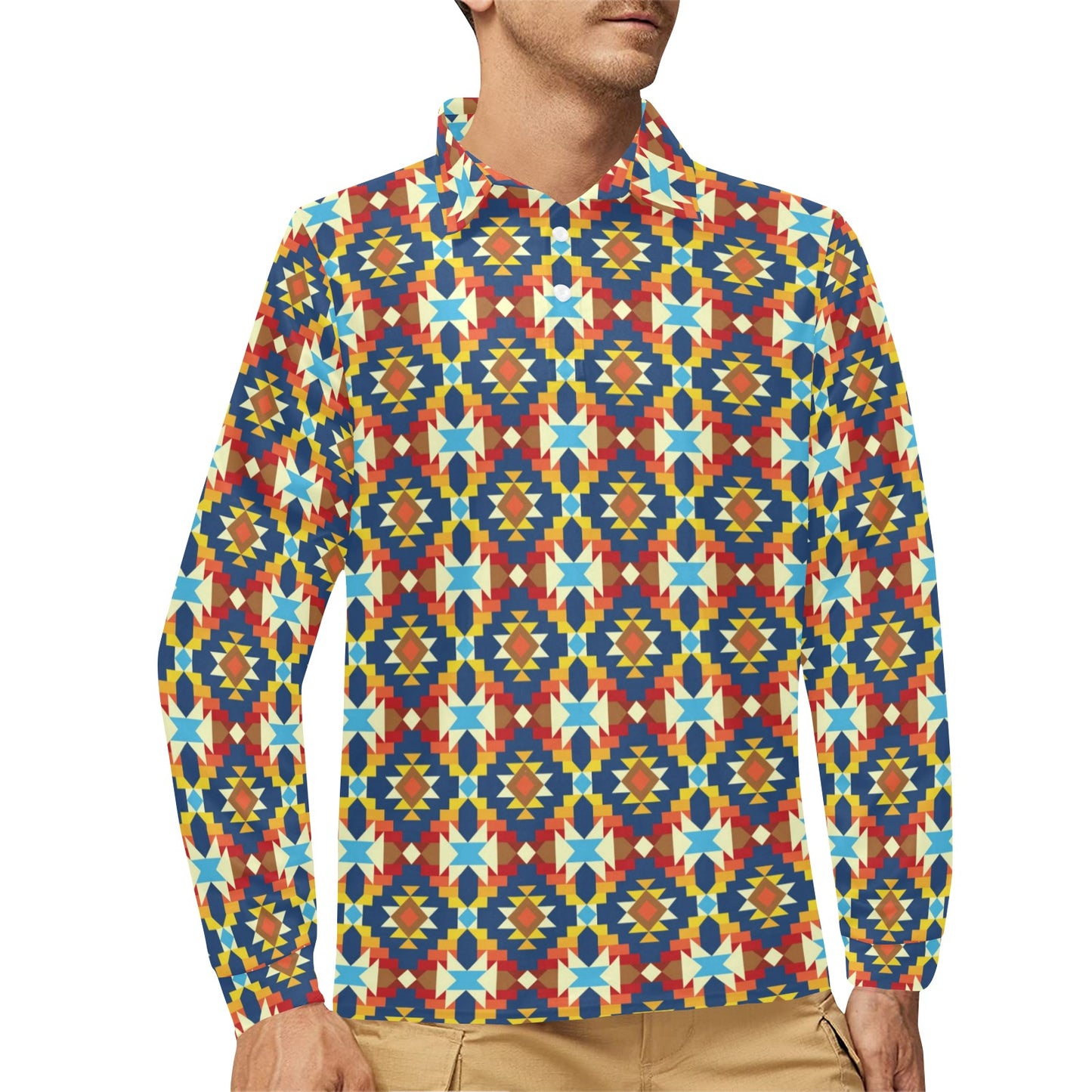 Aztec Pattern Print Design 01 Long Sleeve Polo Shirt For Men's