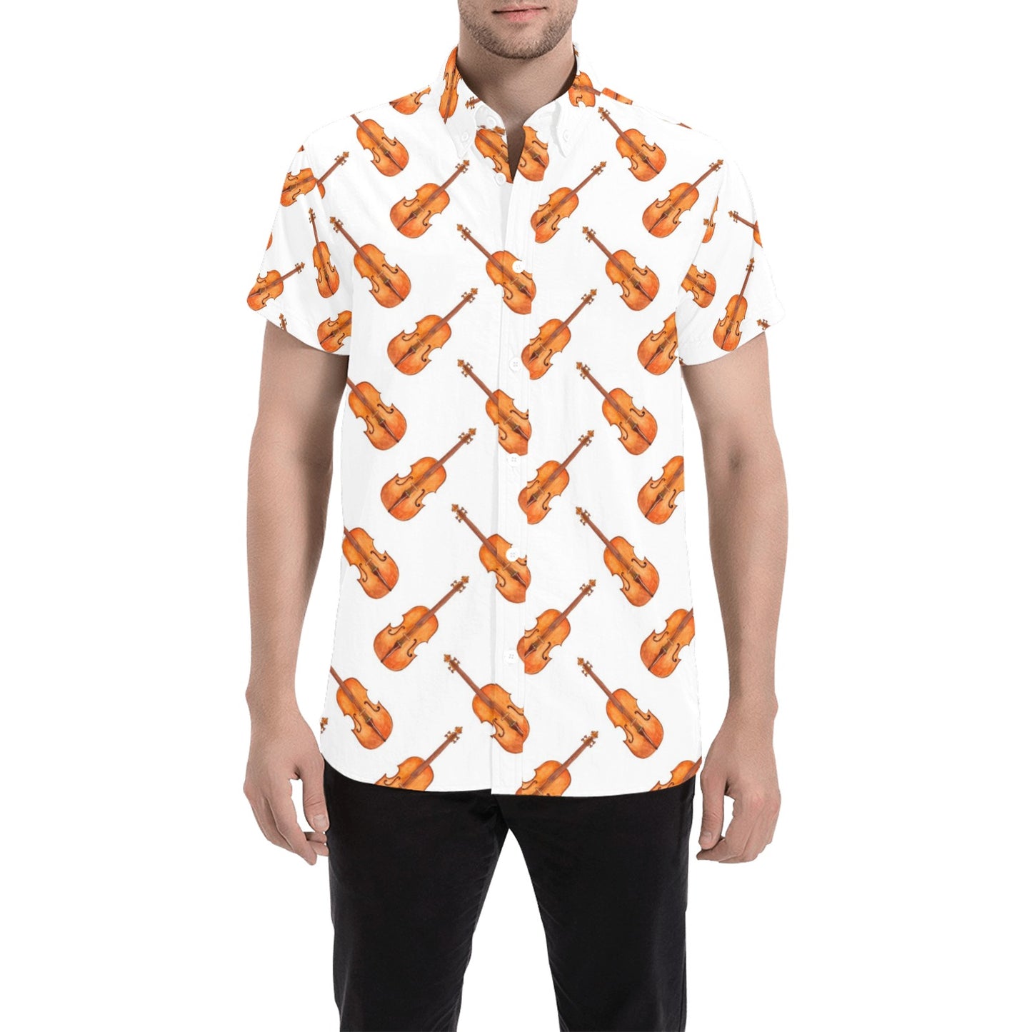 Violin Print Design LKS401 Men Short Sleeve Button Up Shirt