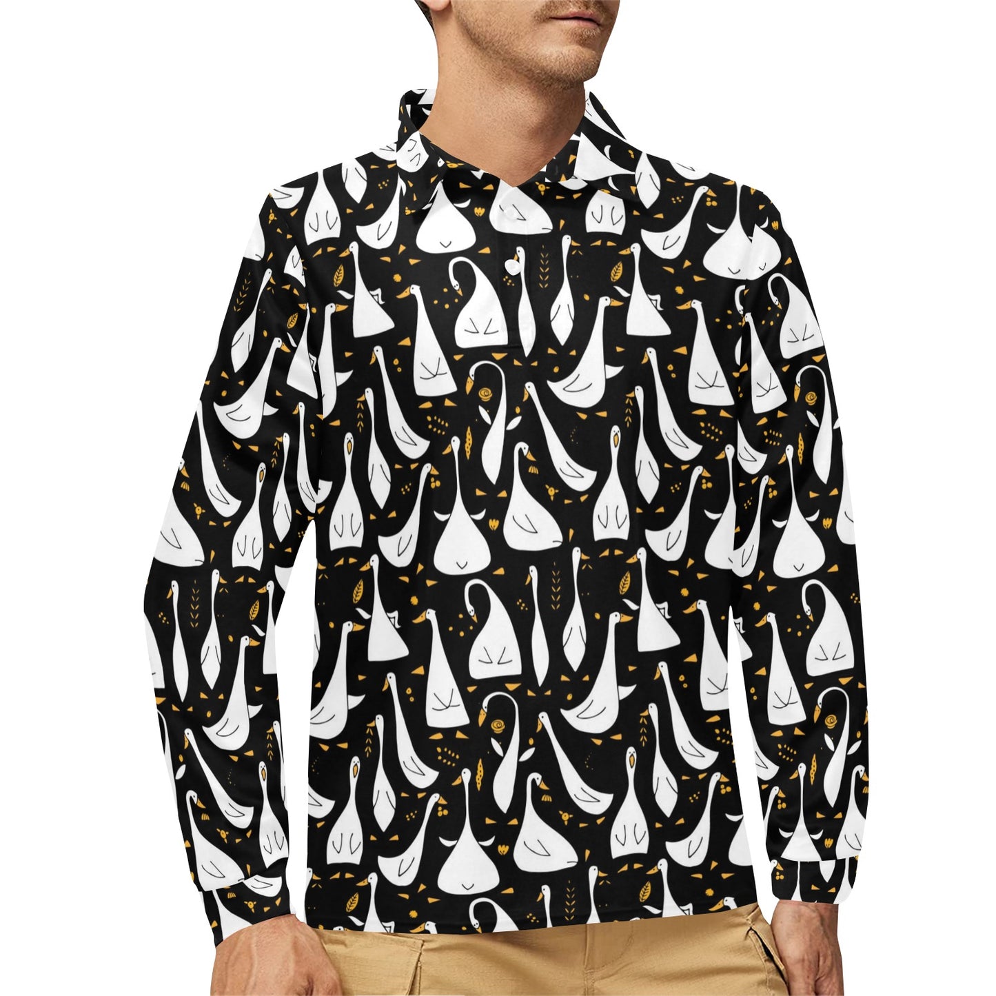 Goose Print Design LKS401 Long Sleeve Polo Shirt For Men's
