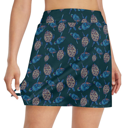 Sea Turtle Hand Drawn Blue Print 17" Golf & Pickleball Skort with Pockets