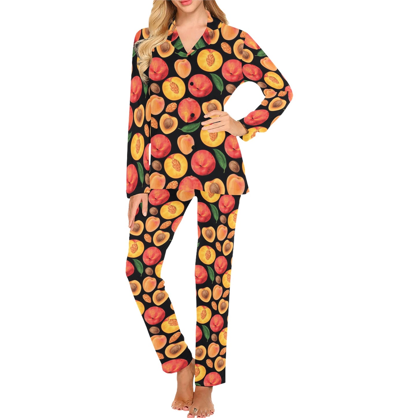 Peach Pattern Print Design A02 Women's Long Pajama Set