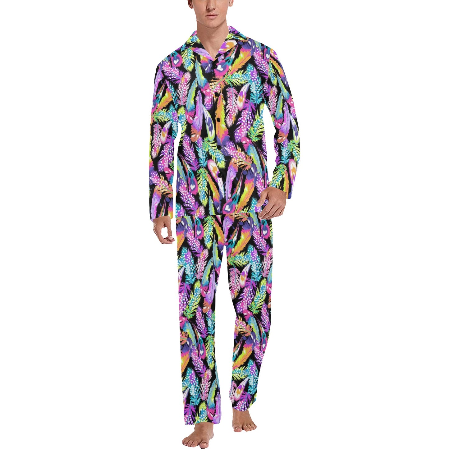Neon Feather Pattern Print Design A02 Men's Long Pajama Set