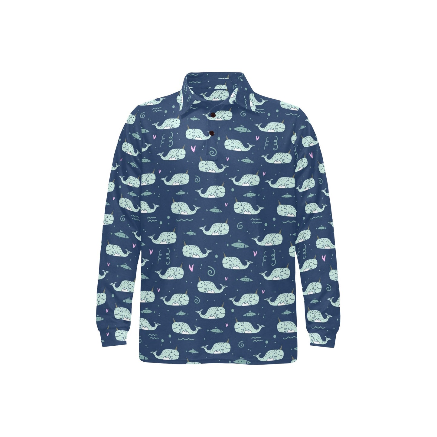 Narwhal Design Print Long Sleeve Polo Shirt For Men's