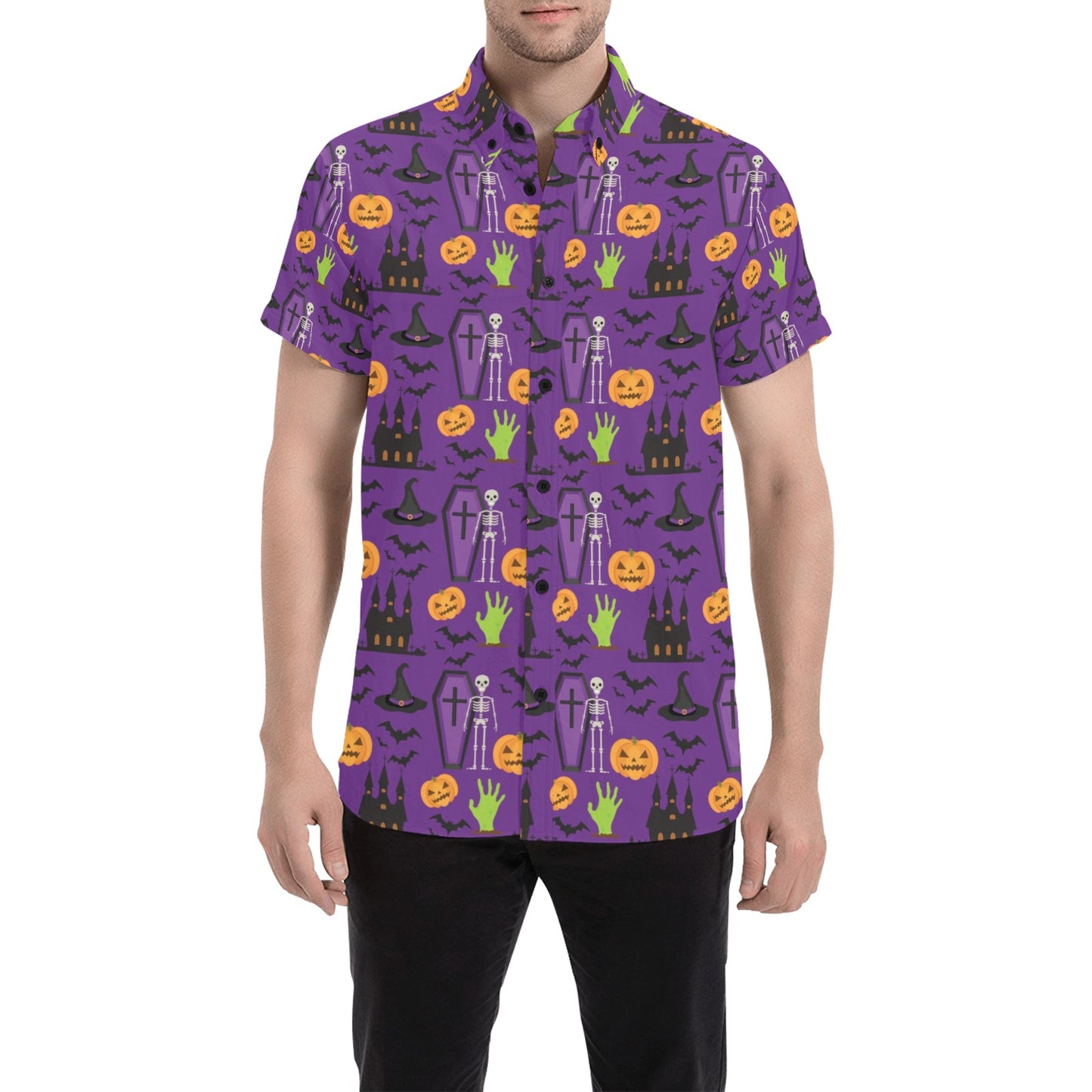 Halloween Print Design LKS403 Men Short Sleeve Button Up Shirt